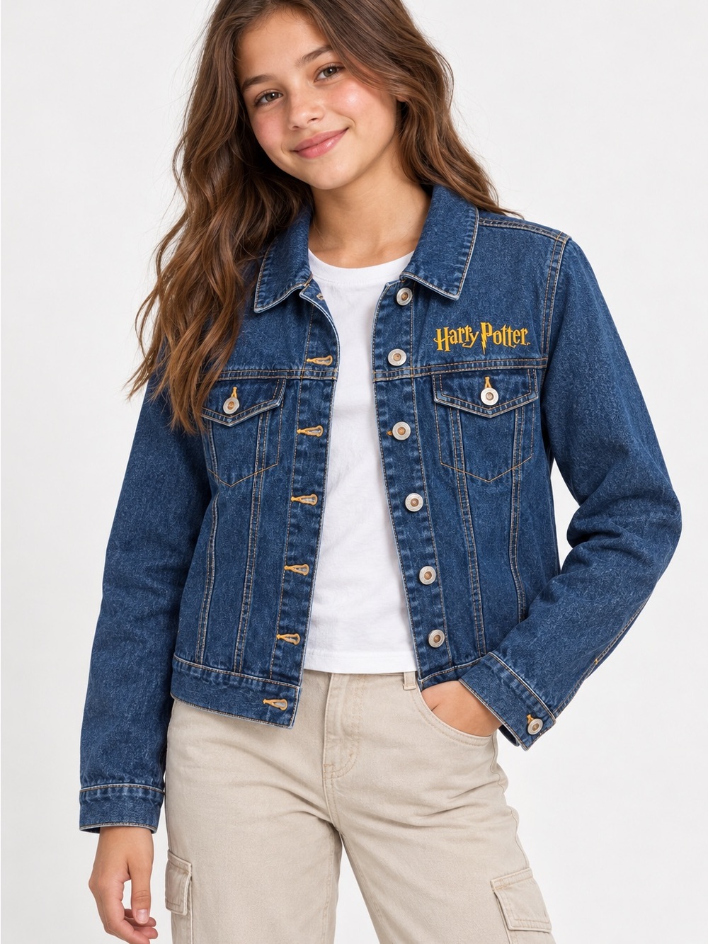 Harry Potter Hogwarts Crest Denim Jacket Girls L 14/16 Embroidered Blue
